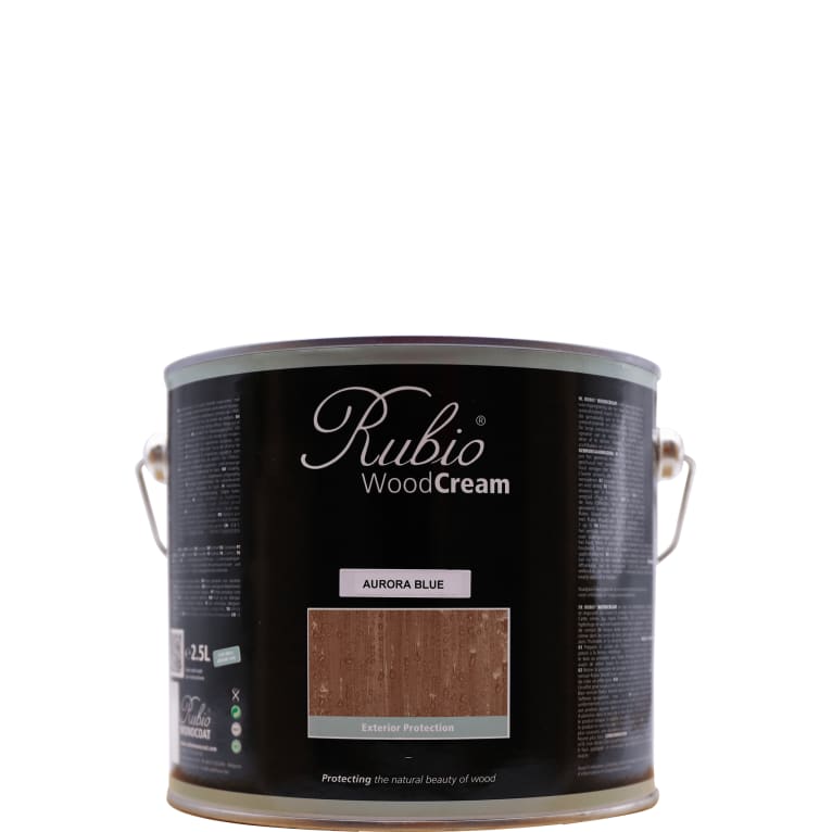 Pot métallique de 2,5 L de peinture bois Rubio WoodCream sur fond blanc, étiquette noire teinte Aurora Blue, avec la vignette d'un bois vertical perlé d'eau et la mention Exterior Protection.