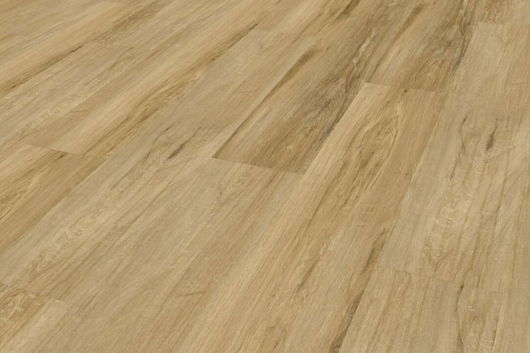 Gros plan sur le grain et le vernis de finition d'une lame de sol PVC imitation chêne clair