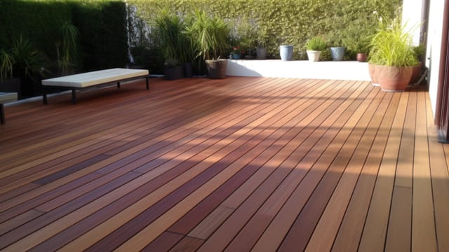 Terrasse en lames de bois exotique au ton naturel, plantes en pot, en plein soleil