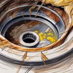 Un dessin montre un drain bouché d'une baignoire. Des cheveux et des dépôts jaunes se trouvent près du drain, suggérant un problème de plomberie.