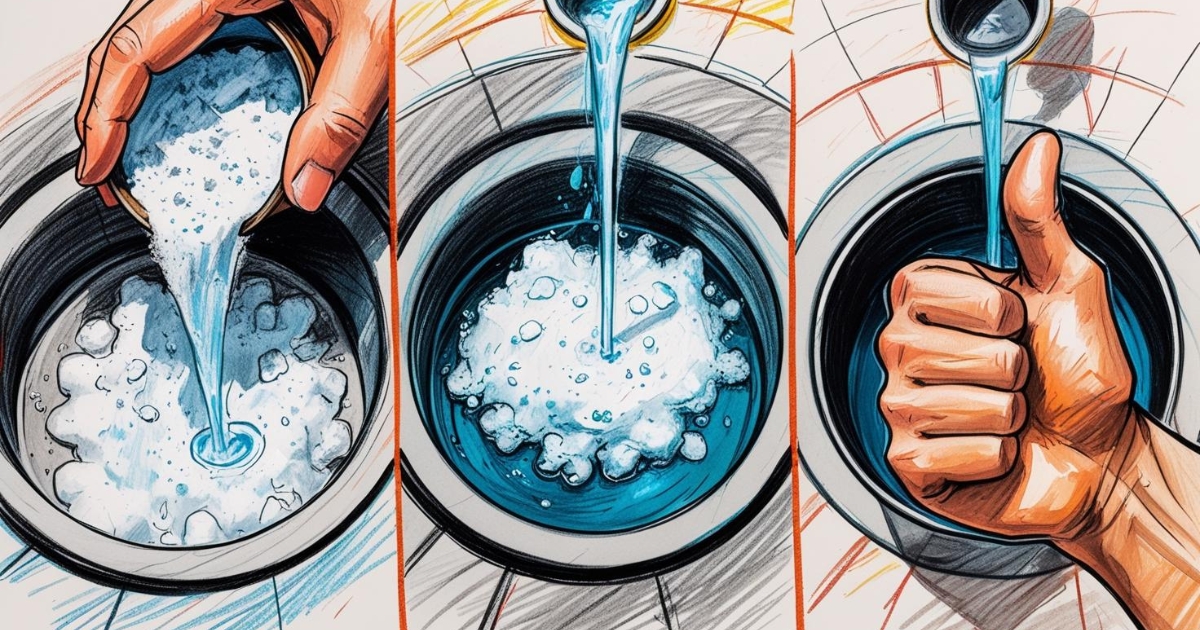 Séquence de trois petites images : 1) Verser du bicarbonate dans la bonde. 2) Ajouter du vinaigre blanc, avec des bulles indiquant la réaction. 3) Une canalisation propre et un pouce levé.