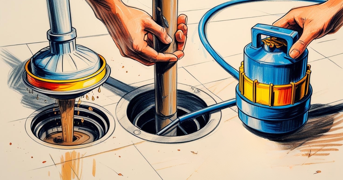 Illustration des trois outils : une ventouse en action sur une bonde, un furet de plomberie s'insérant dans une canalisation, et un déboucheur à pompe prêt à l'emploi.