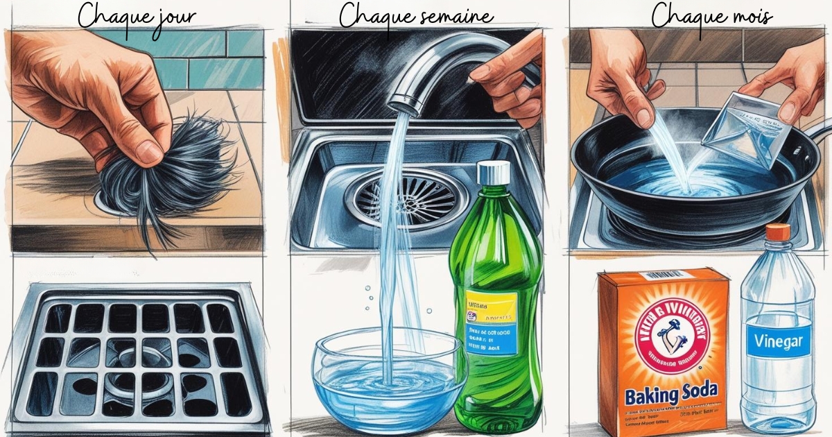 Calendrier stylisé avec des icônes pour chaque action d'entretien : une main retirant des cheveux (quotidien), une casserole d'eau bouillante (hebdomadaire), un sachet de bicarbonate et une bouteille de vinaigre (mensuel).