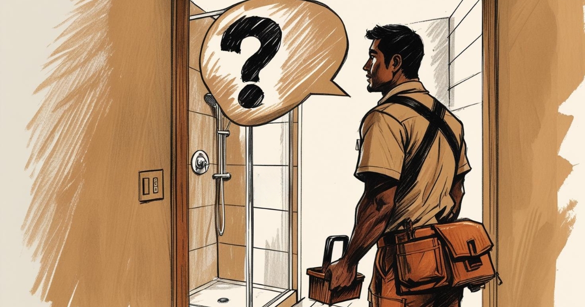 Silhouette d'un plombier professionnel avec sa caisse à outils, arrivant devant une douche à l'italienne. Une bulle de dialogue contient un point d'interrogation, symbolisant un problème complexe.