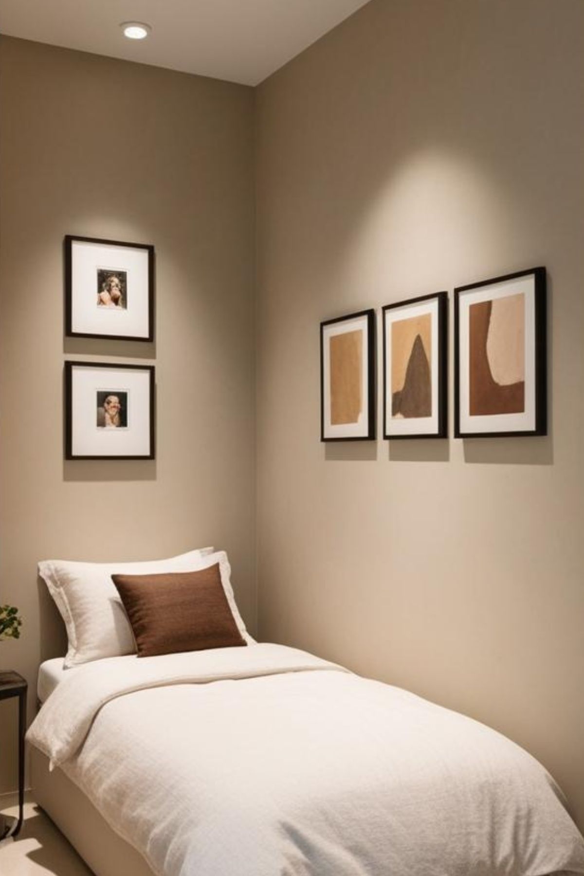 Décoration minimaliste avec des touches personnelles (tableaux, photos) : Éviter l'encombrement visuel et créer une atmosphère apaisante.