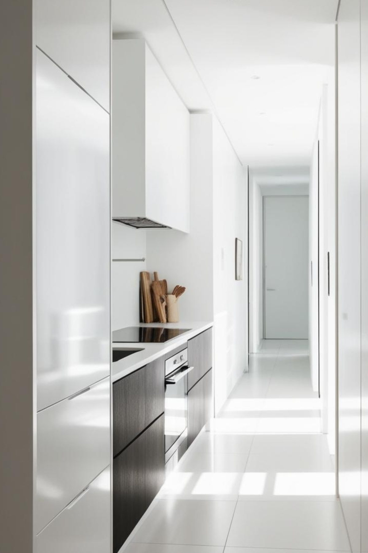 Une cuisine moderne, minimaliste, s'étend le long d'un couloir lumineux. Des armoires blanches et foncées abritent un four et une cuisinière. Le sol est clair et uniforme.