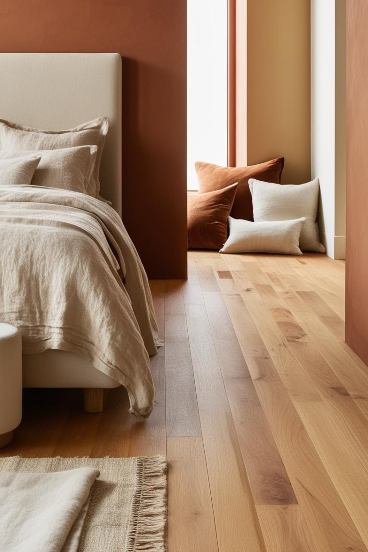 Parquet couleur miel, murs dans des tons chauds comme le terracotta ou l'ocre, linge de lit en lin lavé dans les tons naturels, tapis en laine, coussins en velours.