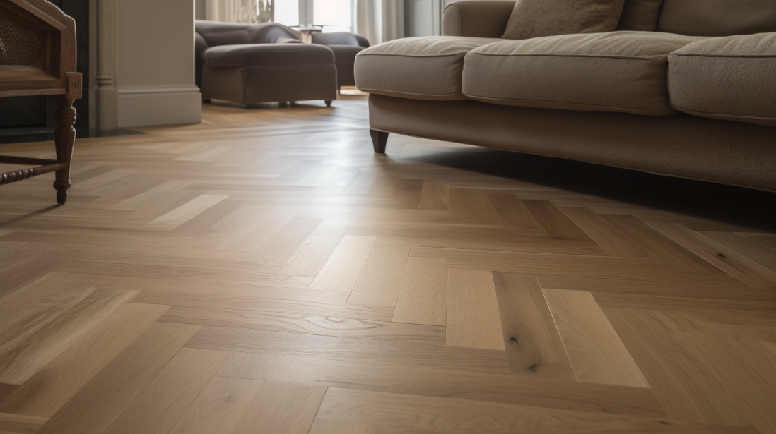 Salon moderne avec canapé gris, fauteuils bleus et sol en bois à chevrons