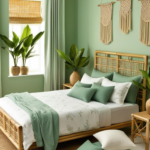 Chambre pastel verte vallée avec des murs vert d'eau, un lit en bois clair avec une tête de lit en rotin tressé, des chevets en bambou, une parure de lit en coton blanc imprimé de motifs floraux, des rideaux en lin vert
