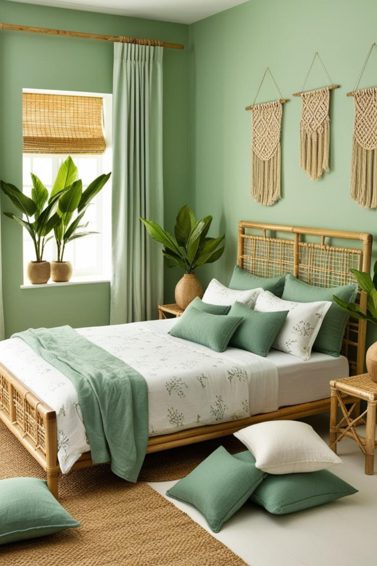 Chambre pastel verte vallée avec des murs vert d'eau, un lit en bois clair avec une tête de lit en rotin tressé, des chevets en bambou, une parure de lit en coton blanc imprimé de motifs floraux, des rideaux en lin vert