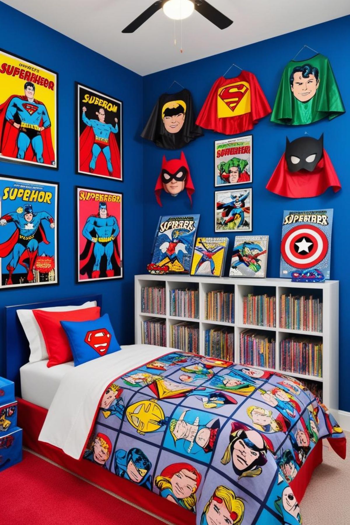 Une chambre d'enfant garçon sur le thème des super-héros : immersion dans l’univers des comics avec des couleurs vibrantes, des posters de héros et des accessoires emblématiques. Ambiance héroïque et dynamique.