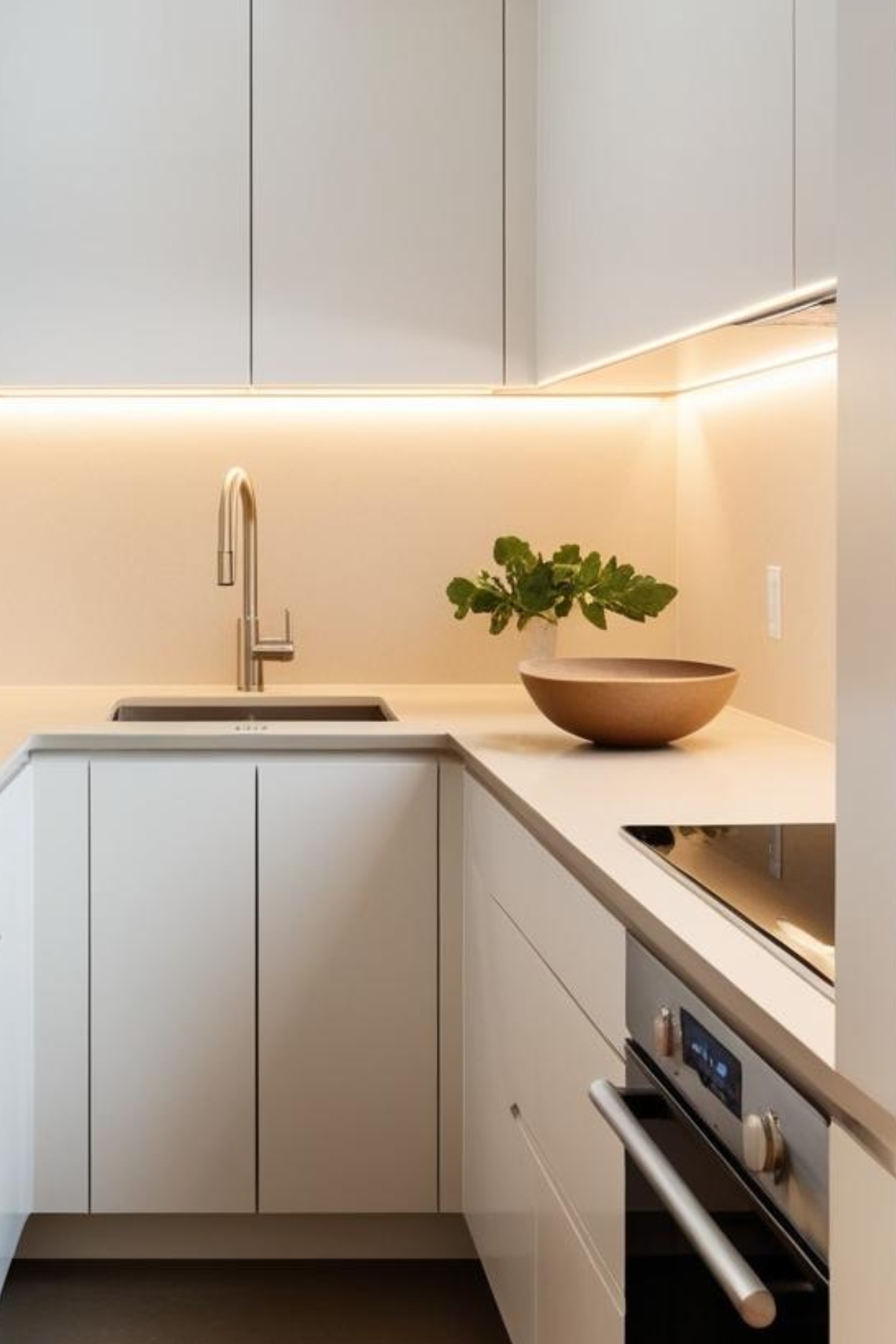 Un évier encastré, doté d'un robinet élégant, est installé dans une cuisine moderne aux armoires blanches. Un bol en bois et une plante verte décorent le plan de travail. Des lumières LED sous les armoires éclairent l'espace.