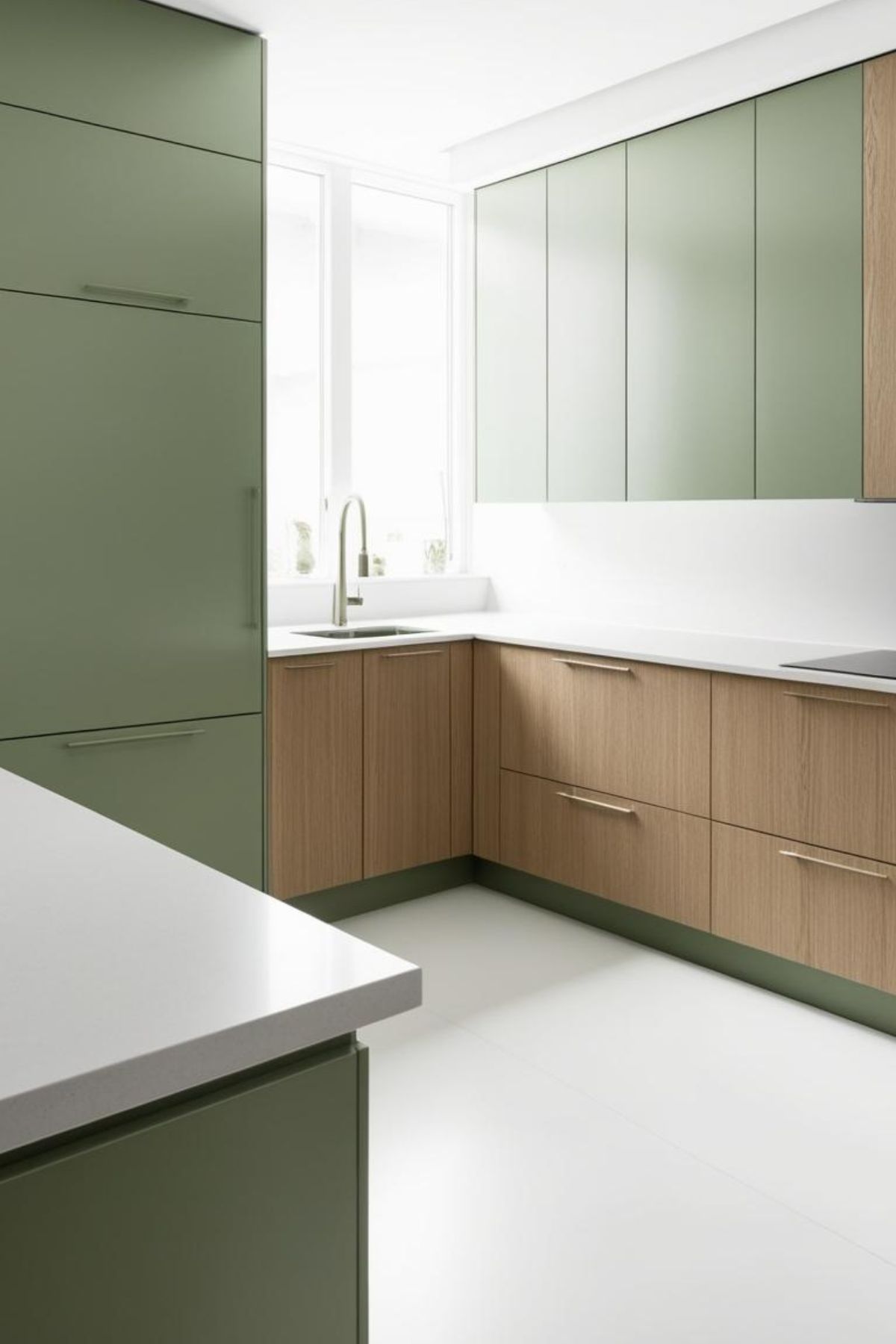 Une cuisine moderne aux armoires vert olive et bois clair. Des comptoirs blancs s'intègrent aux placards. Un évier et un robinet sont présents. L'espace est lumineux et minimaliste.