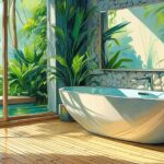 Croquis d'une salle de bains zen avec un mur en galets doux derrière une baignoire îlot. Le sol est un parquet en bambou clair. Un grand miroir reflète la lumière naturelle entrant par une fenêtre ornée de plantes vertes luxuriantes. L'ambiance est sereine et lumineuse.
