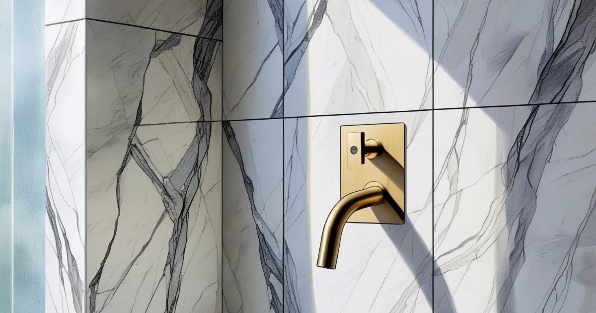 Gros plan sur un mur de douche en grandes dalles de marbre de Carrare blanc veiné de gris. Une robinetterie minimaliste en laiton brossé est encastrée. Un éclairage LED indirect souligne la texture et la brillance subtile du marbre.