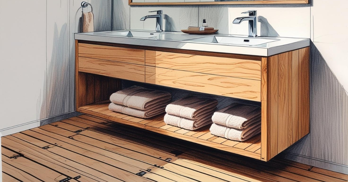 Vue d'un meuble de salle de bains suspendu en bois de chêne clair avec des lignes épurées, intégrant une double vasque à poser en céramique blanche. Le sol est un parquet en teck massif, style pont de bateau, avec des joints noirs apparents. Des serviettes moelleuses de couleur neutre sont soigneusement pliées sur une étagère inférieure du meuble.