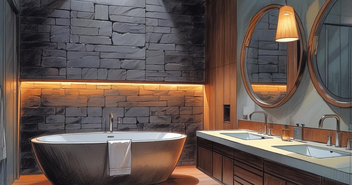 Ambiance d'une salle de bains le soir. Un mur d'accent en pierres de parement texturées derrière la baignoire est éclairé par le bas avec un ruban LED chaud. Des suspensions design avec des abat-jours en bois clair pendent de chaque côté d'un grand miroir rond au-dessus du meuble vasque.
