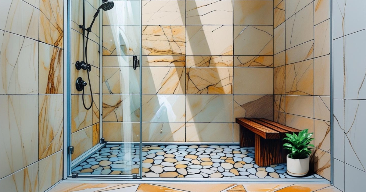Perspective d'une douche à l'italienne spacieuse et ouverte. Les murs sont recouverts de grandes dalles de travertin clair aux nuances chaudes. Le sol est en galets plats de rivière, créant un effet massant. Une paroi de douche en verre transparent fixe délimite l'espace. Une petite banquette en bois exotique imputrescible est intégrée dans un angle.