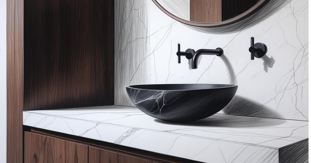 Zoom sur un meuble vasque design suspendu et minimaliste. Le corps du meuble est en bois de noyer foncé avec une finition mate. Le plan de travail est en quartz blanc pur, imitant subtilement le marbre. Une vasque bol en pierre naturelle noire, lisse et organique, est posée dessus. La robinetterie murale est en finition noir mat.