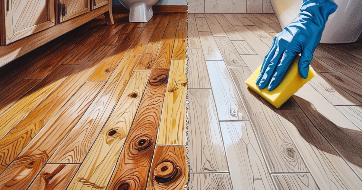 Comparaison visuelle côte à côte dans une salle de bains : d'un côté, un sol en vrai parquet de chêne huilé, chaleureux ; de l'autre, un sol en carrelage grès cérame imitation parquet de chêne, avec des détails de veinage, de nœuds et de texture très réalistes. Une main gantée nettoie facilement la partie en carrelage avec une éponge.