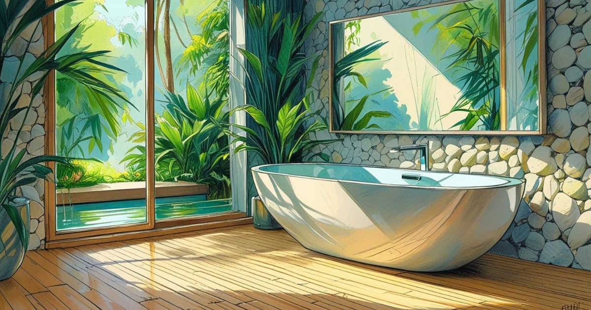 Croquis d'une salle de bains zen avec un mur en galets doux derrière une baignoire îlot. Le sol est un parquet en bambou clair. Un grand miroir reflète la lumière naturelle entrant par une fenêtre ornée de plantes vertes luxuriantes. L'ambiance est sereine et lumineuse.