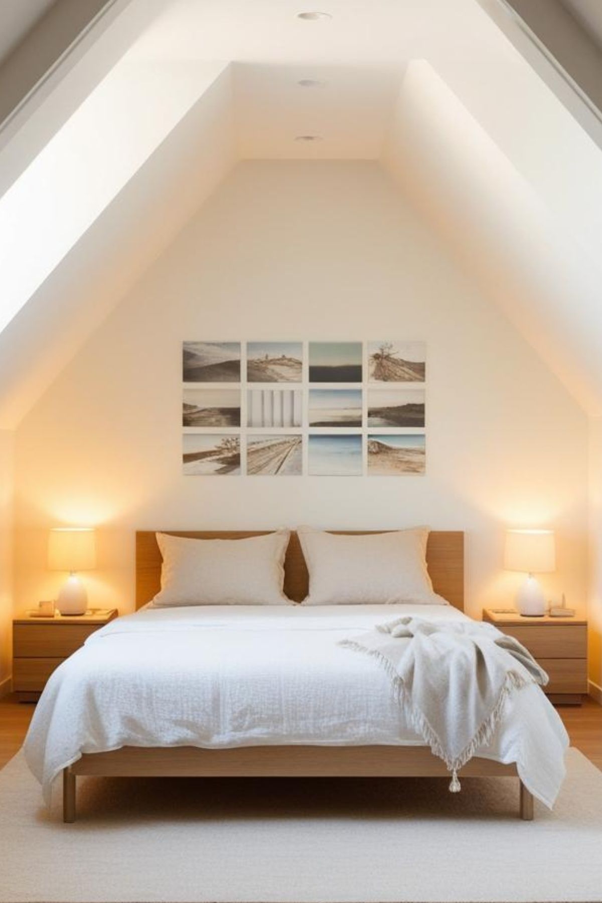 Créez un mur de cadres avec des photos, des illustrations et des citations inspirantes dans un aménagement de chambre mansardée.