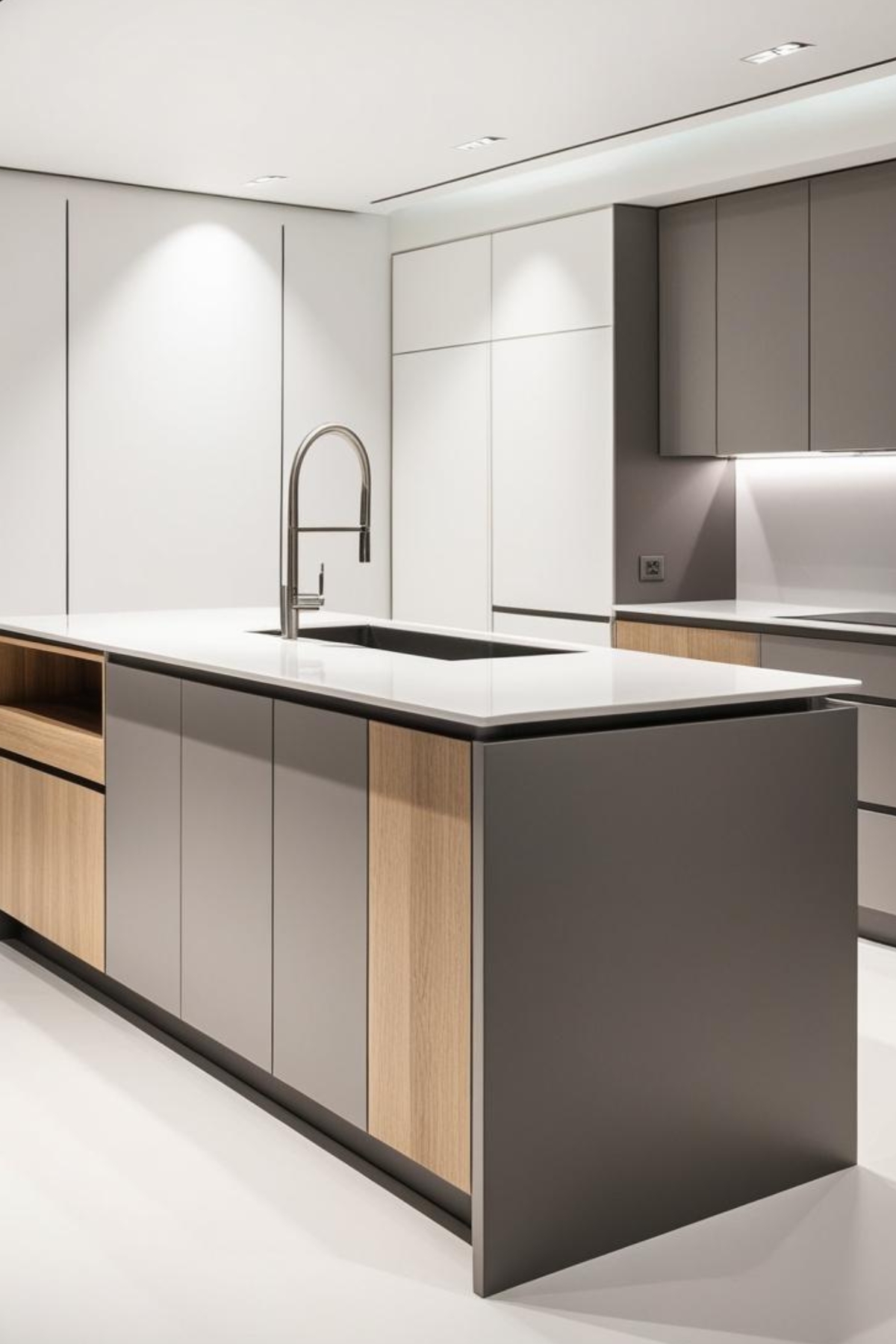 Un îlot central, équipé d'un évier et d'un robinet, trône dans une cuisine moderne. Ses armoires grises et bois clair s'intègrent à des meubles encastrés, le tout dans un environnement lumineux et épuré.