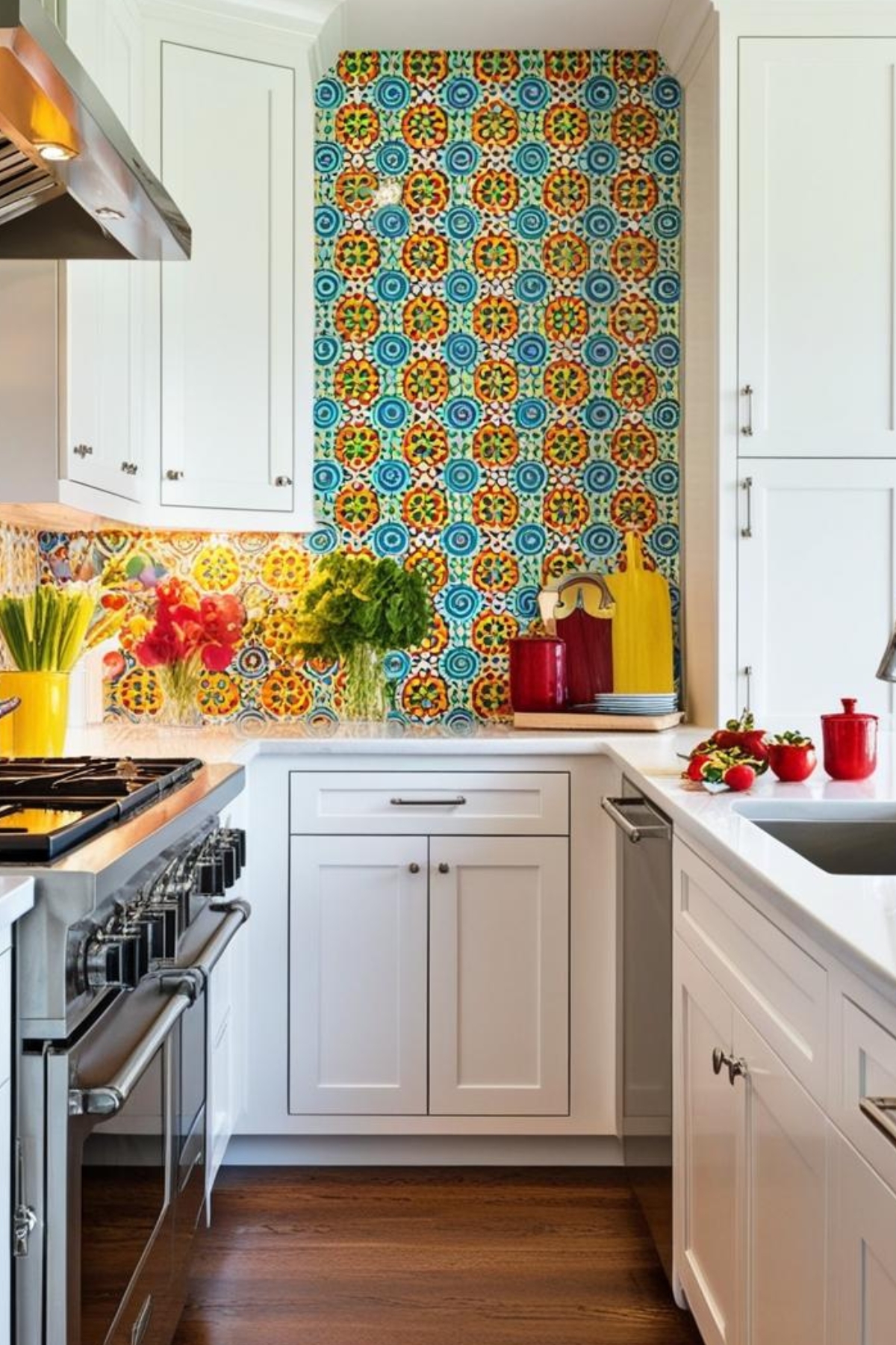 Une crédence en carrelage aux motifs circulaires bleus, oranges et verts orne une cuisine aux armoires blanches. Des bouquets de fleurs, des ustensiles de cuisine et des fruits sont disposés sur le comptoir. Le sol est en bois.