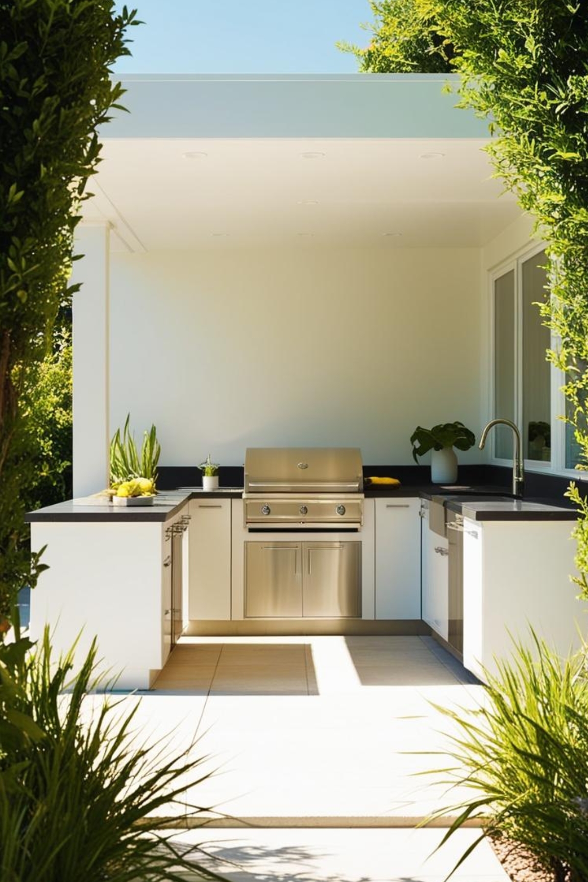 Un barbecue encastré en acier inoxydable est installé dans une cuisine extérieure moderne. Il est intégré à des armoires blanches, sous un auvent blanc, au milieu d'une végétation luxuriante.