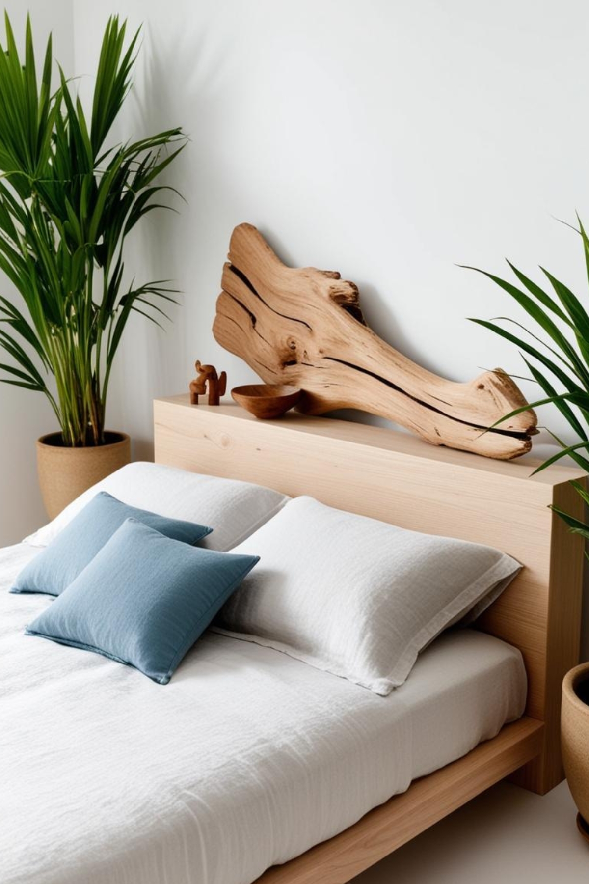 Le lit en bois clair, habillé de lin blanc et de coussins bleus, est sublimé par une tête de lit originale en bois flotté. Des plantes vertes et des objets de décoration artisanaux renforcent l'ambiance naturelle de la pièce.