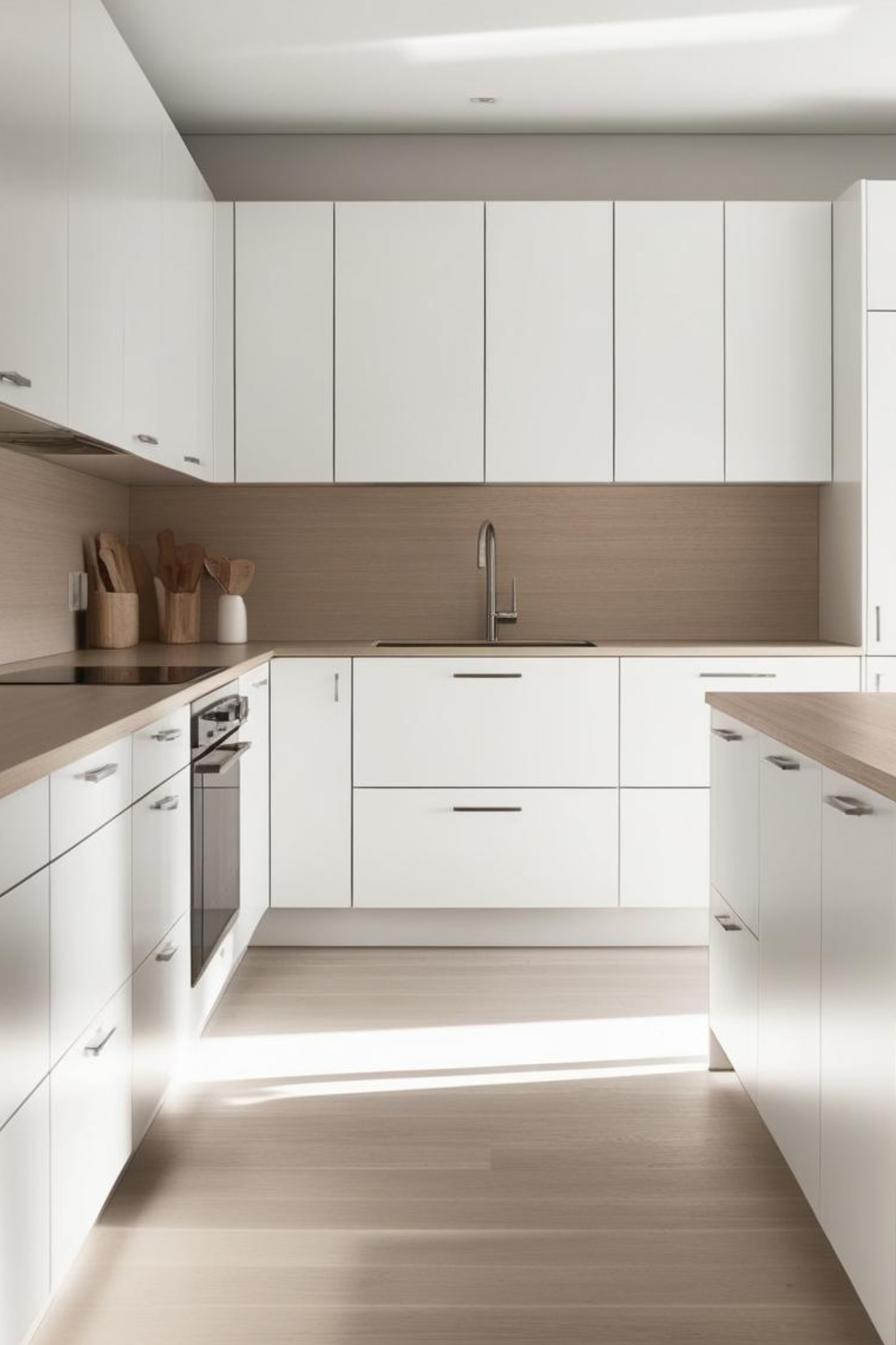 Une cuisine moderne aux armoires blanches se trouve dans un espace lumineux. Des armoires blanches en hauteur et des armoires basses blanches avec un comptoir en bois clair. Un évier encastré est intégré au comptoir. Le sol est en bois clair.
