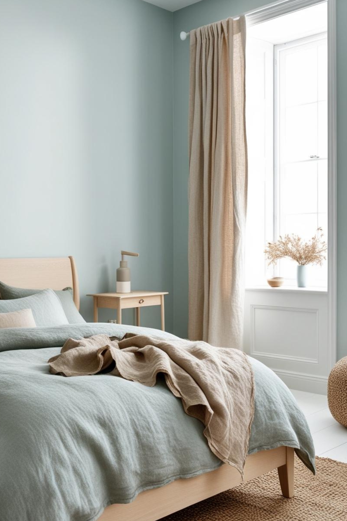 Plongez dans l'ambiance apaisante de cette chambre aux nuances de bleu. Le mobilier en bois clair et les textiles naturels créent une atmosphère douce et lumineuse. Un tapis en jute apporte une touche de texture et de chaleur.