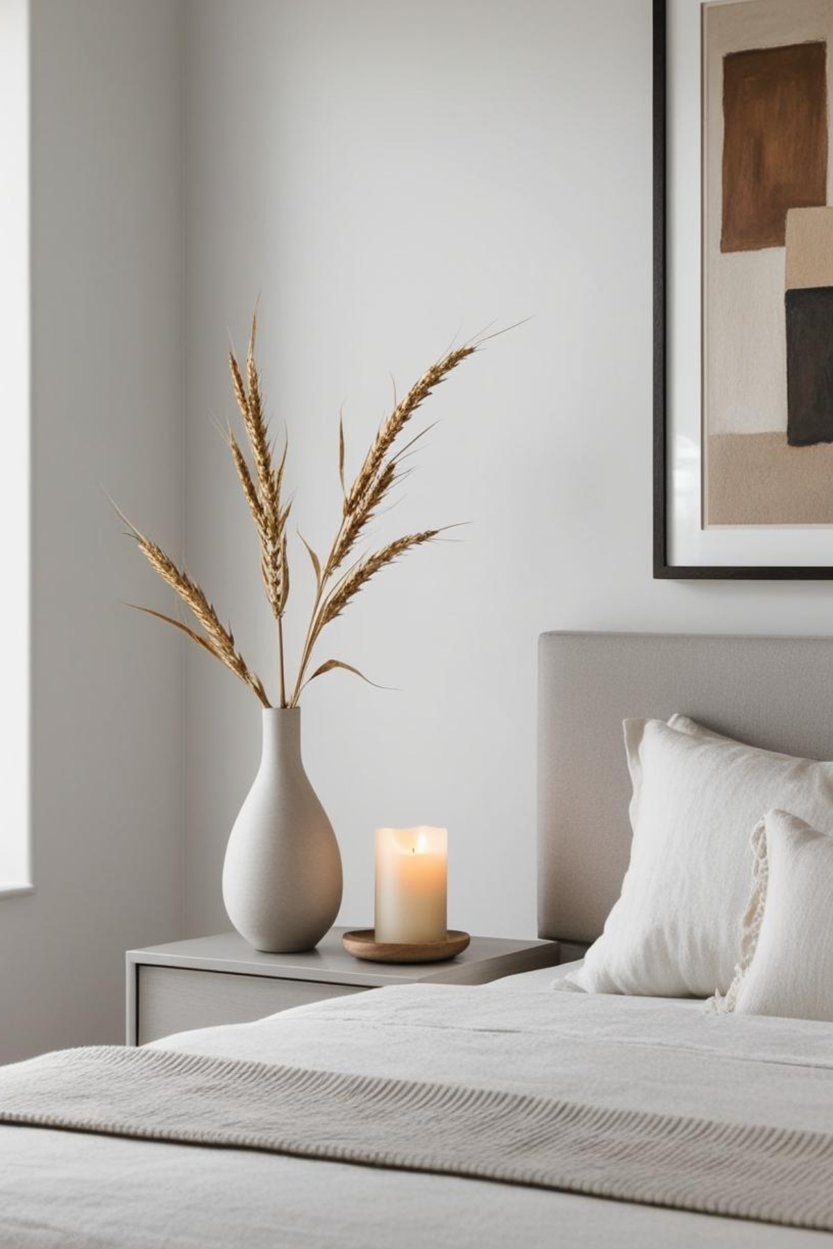 Chambre parentale minimaliste décorée avec des accessoires soigneusement sélectionnés, comme un vase avec une seule branche de fleurs séchées, une bougie parfumée et un tableau abstrait.