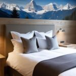 Une tapisserie panoramique représentant un paysage de montagne habille un mur de cette chambre à coucher. Une invitation à l'évasion et à la contemplation.