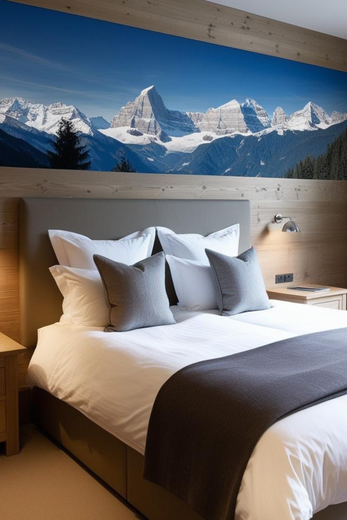 Une tapisserie panoramique représentant un paysage de montagne habille un mur de cette chambre à coucher. Une invitation à l'évasion et à la contemplation.