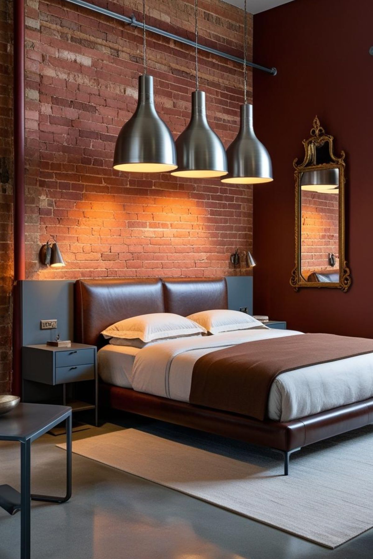 La chambre parentale industrielle chic révèle une élégance brute. Un mur de briques apparentes contraste avec un mobilier aux lignes épurées. Des suspensions métalliques diffusent une lumière chaleureuse sur un lit en cuir. Le sol en béton ciré apporte une touche contemporaine à l'ensemble. Un miroir ancien complète le décor. Cette chambre offre un équilibre parfait entre le charme de l'ancien et le confort moderne.
