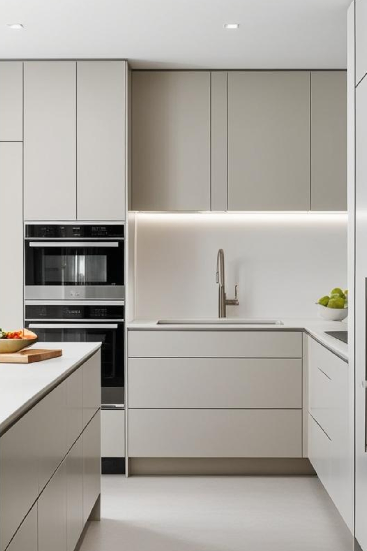 Une cuisine moderne et minimaliste. Des armoires et îlot couleur beige clair. Un four encastré est intégré. Un évier est situé dans un coin. Le tout est éclairé par des lumières encastrées.