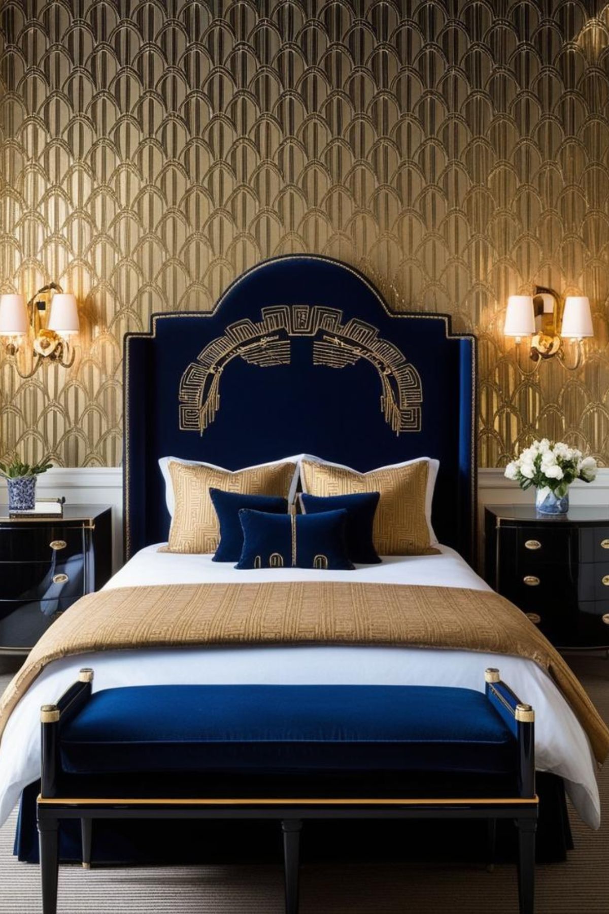 chambre art déco bleu nuit et or : Le bleu nuit profond et l'or éclatant se rencontrent pour créer une ambiance luxueuse et raffinée. Une tête de lit en velours bleu nuit, ornée de broderies dorées, est mise en valeur par un papier peint à motifs géométriques dorés. Des tables de chevet en laque noire avec des poignées en laiton massif encadrent le lit. Un lustre en cristal taillé et des appliques murales dorées diffusent une lumière chaleureuse.