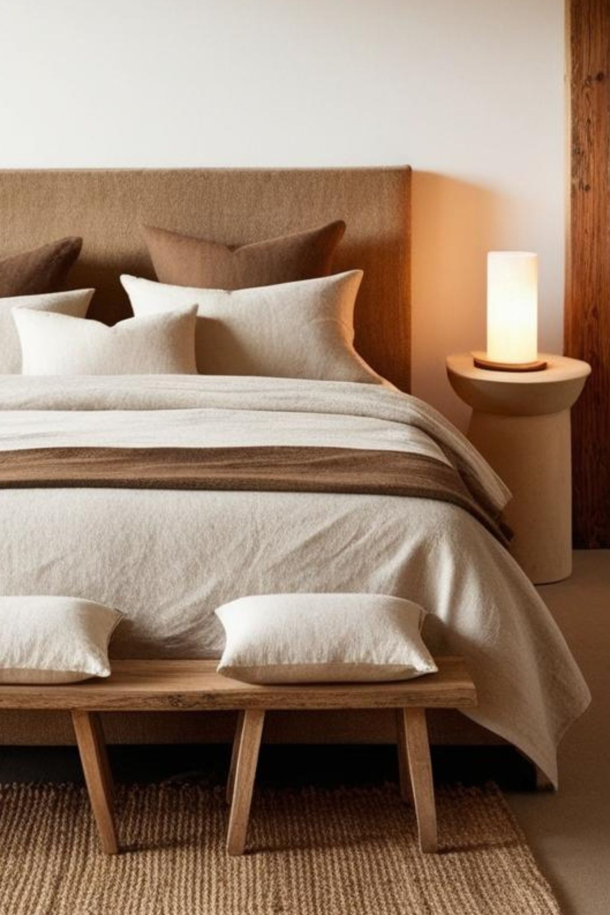 Chambre à coucher rustique avec un tapis en fibres naturelles (jute, sisal)