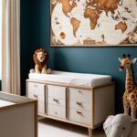Chambre bébé safari Le Petit Explorateur Chic : Murs bleu canard profond, rehaussés de touches de blanc cassé pour la douceur. Mobilier en bois clair aux lignes épurées, avec des poignées en cuir et des détails en laiton pour une touche sophistiquée. Une grande carte du monde vintage accrochée au mur invite à l'aventure, tandis que des peluches d'animaux réalistes (lion, girafe, éléphant) complètent le décor.