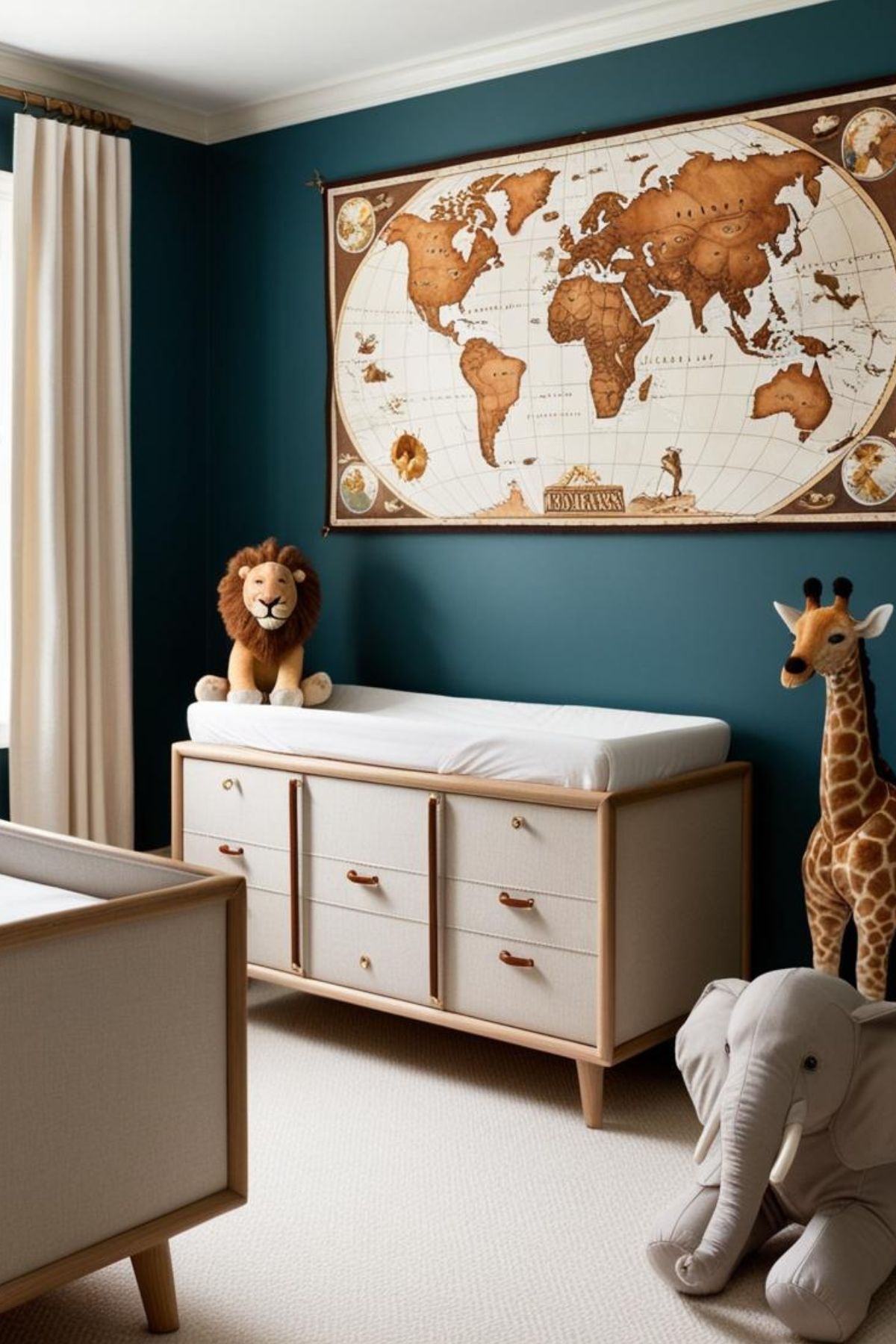 Chambre bébé safari Le Petit Explorateur Chic : Murs bleu canard profond, rehaussés de touches de blanc cassé pour la douceur. Mobilier en bois clair aux lignes épurées, avec des poignées en cuir et des détails en laiton pour une touche sophistiquée. Une grande carte du monde vintage accrochée au mur invite à l'aventure, tandis que des peluches d'animaux réalistes (lion, girafe, éléphant) complètent le décor.