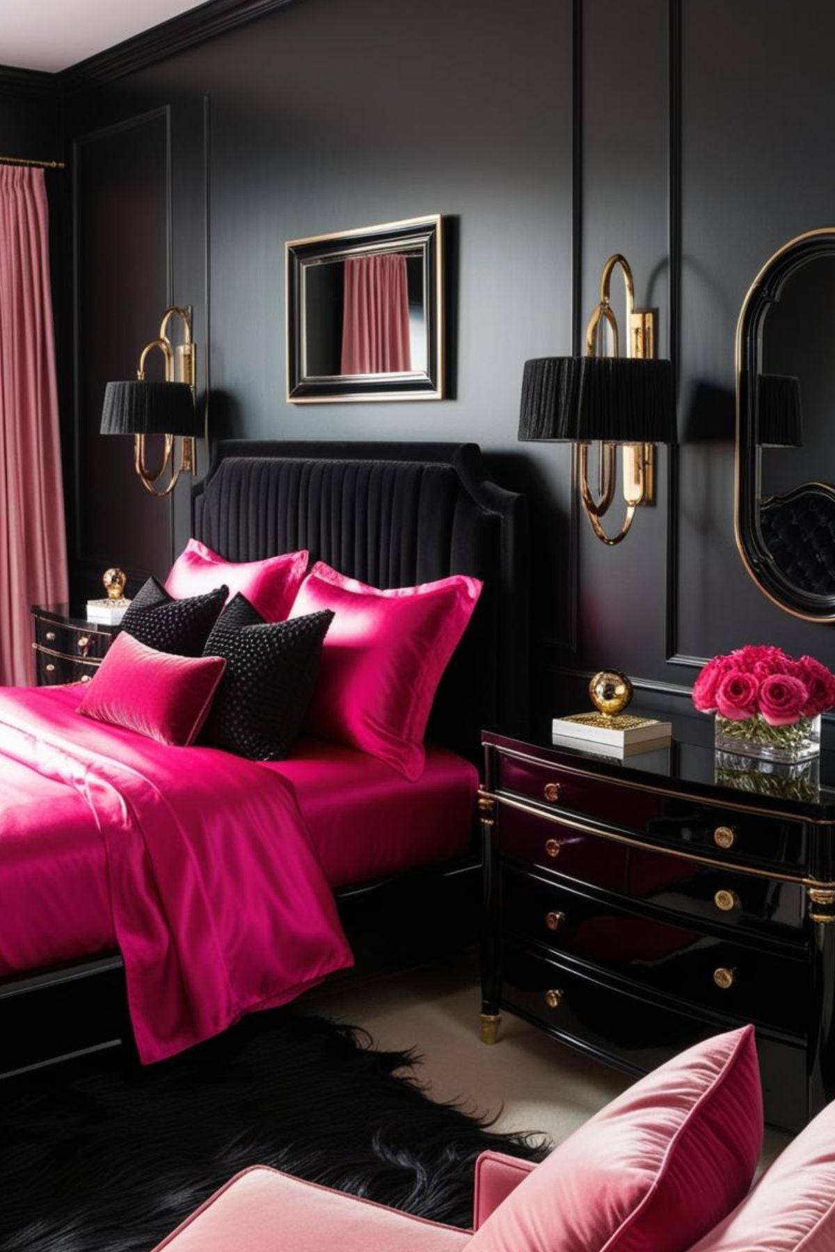 Chambre parentale rose et noir glamour : Murs noirs, linge de lit rose fuchsia en satin, meubles en bois noir laqué (lit avec tête de lit capitonnée noire, tables de chevet noires), luminaires design en métal noir, un tapis noir à poils longs, quelques touches dorées dans les accessoires (coussins, miroirs) pour une ambiance glamour et mystérieuse.