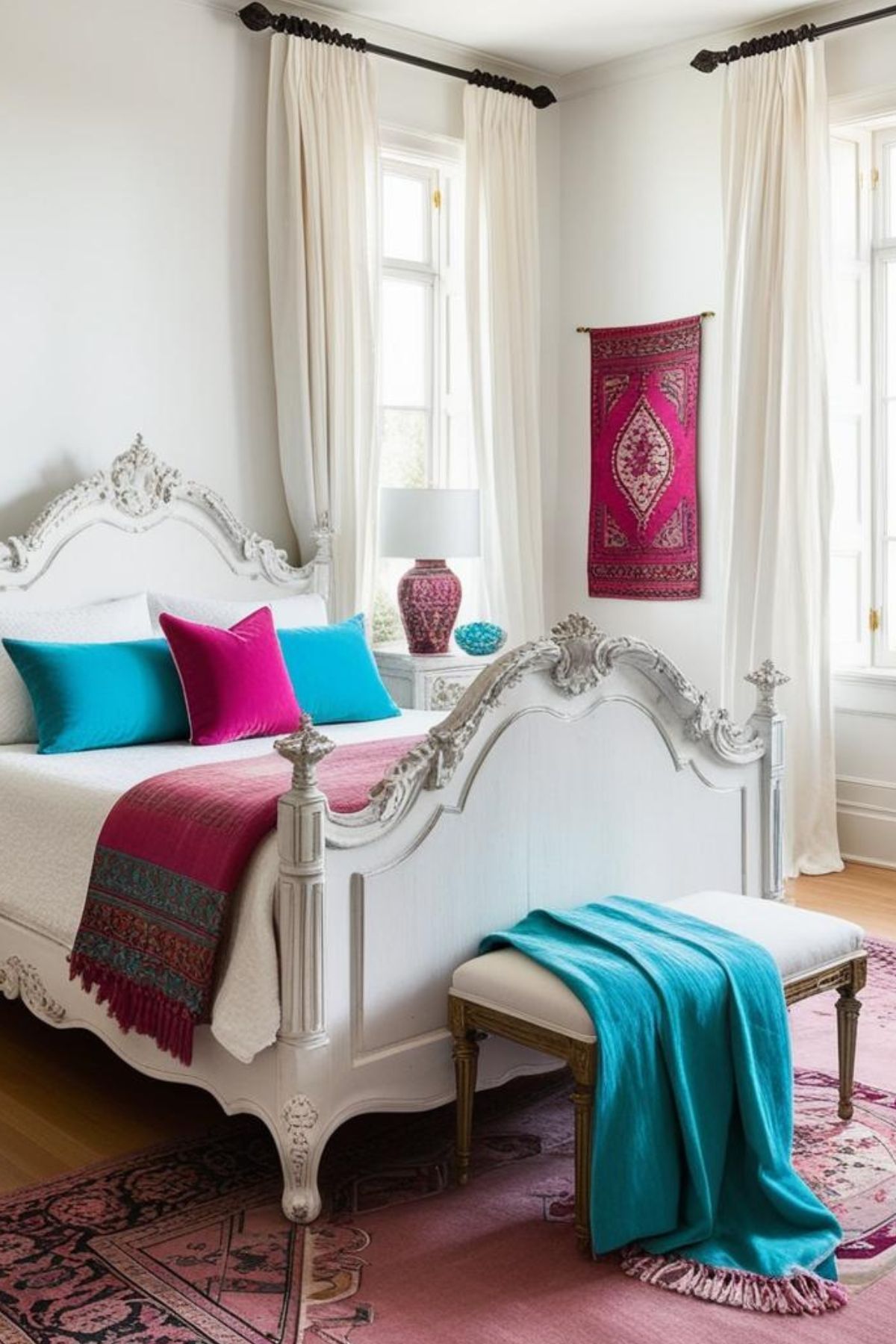 Chambre parentale shabby chic Rêve d'Orient : Murs blancs, lit en bois sculpté, tapis persan et voilages en lin blanc. Des touches de couleurs vives, comme le turquoise et le fuchsia, apportent une touche orientale.