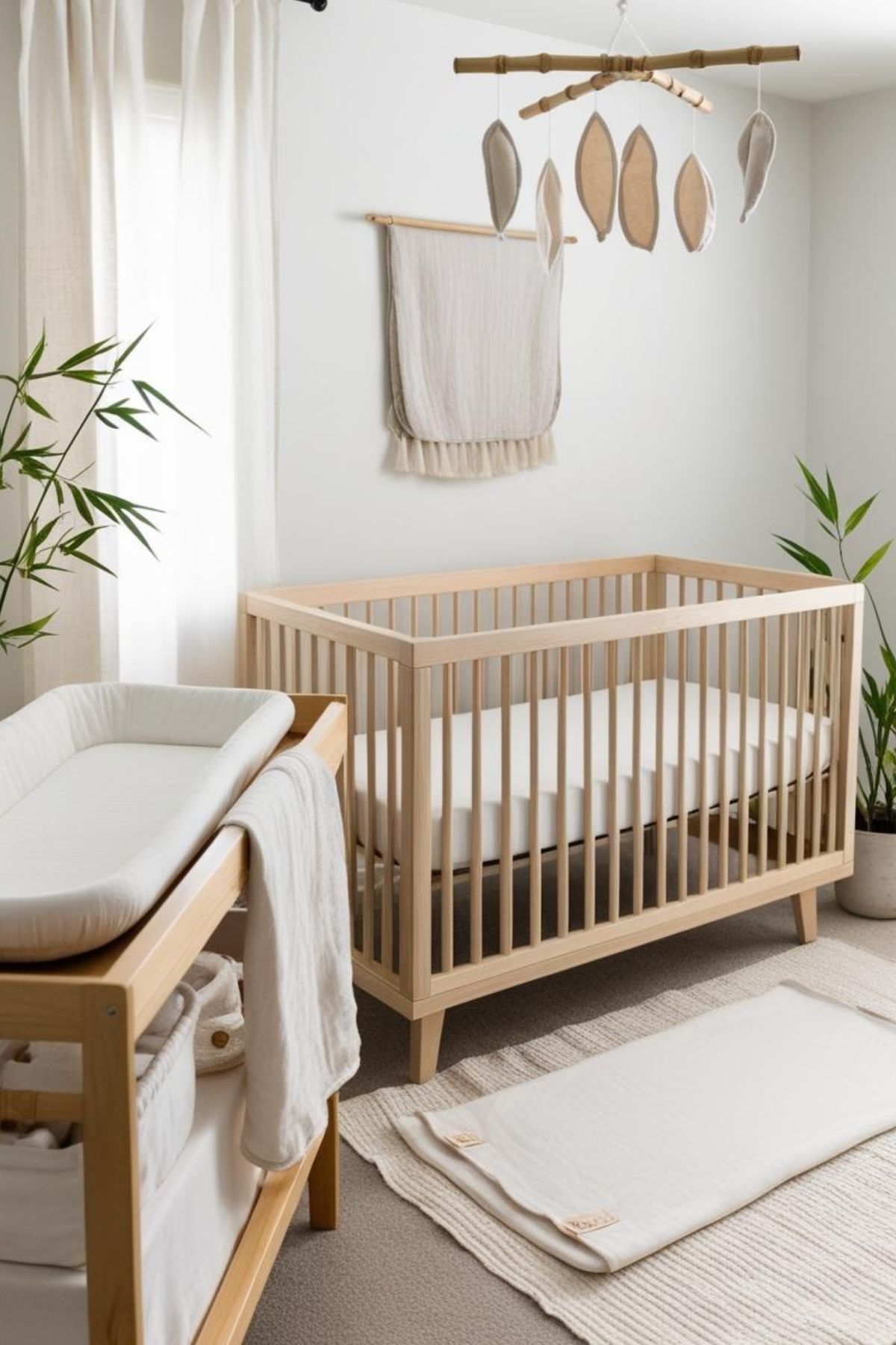 Offrez à bébé un espace apaisant et propice à la détente avec ce coin bébé zen. Un berceau en bois clair, aux lignes épurées, crée une ambiance sereine. Une table à langer en bois naturel, avec un matelas à langer en coton bio, s’intègre harmonieusement au décor. Des couleurs douces et naturelles, comme le blanc, le beige ou le gris clair, dominent la décoration. Des matières apaisantes, comme le lin, le coton ou le bambou, sont privilégiées. Des plantes vertes, comme des bambous ou des fougères, purifient l’air et apportent une touche de nature. Un mobile en bambou, aux sonorités douces et mélodieuses, favorise l’endormissement.