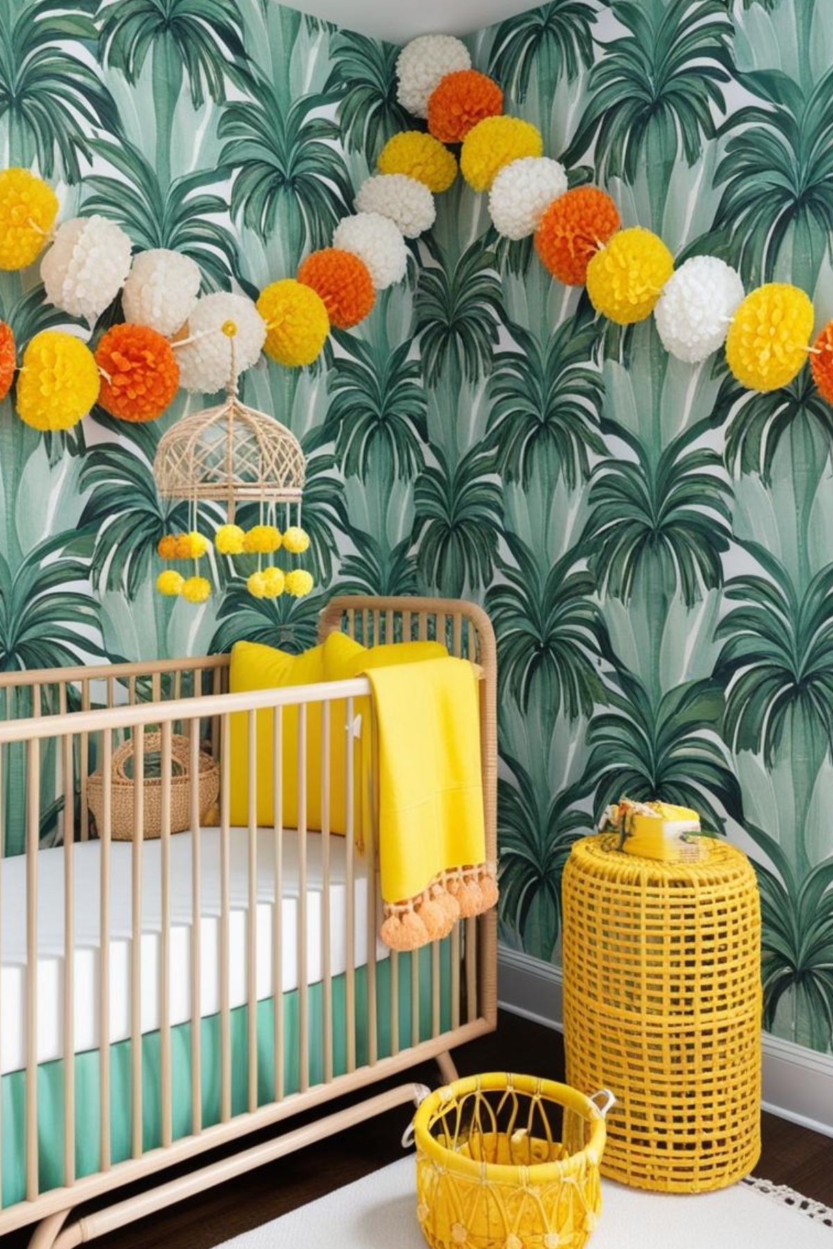 Créez une ambiance tropicale en associant le vert d'eau à un papier peint panoramique avec des motifs de feuilles de palmier. Ajoutez des touches de jaune et des accessoires en rotin. Suspendez des guirlandes de fleurs en papier crépon pour une touche festive.
