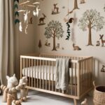 Murs beige, frises murales représentant des arbres et des animaux de la forêt, touches de vert foncé dans le linge de lit en lin lavé. Ajoutez des mobiles en bois, des guirlandes en feutrine représentant des feuilles et un tapis en forme de feuille. Choisissez des jouets en bois naturel et en feutrine représentant des animaux de la forêt.