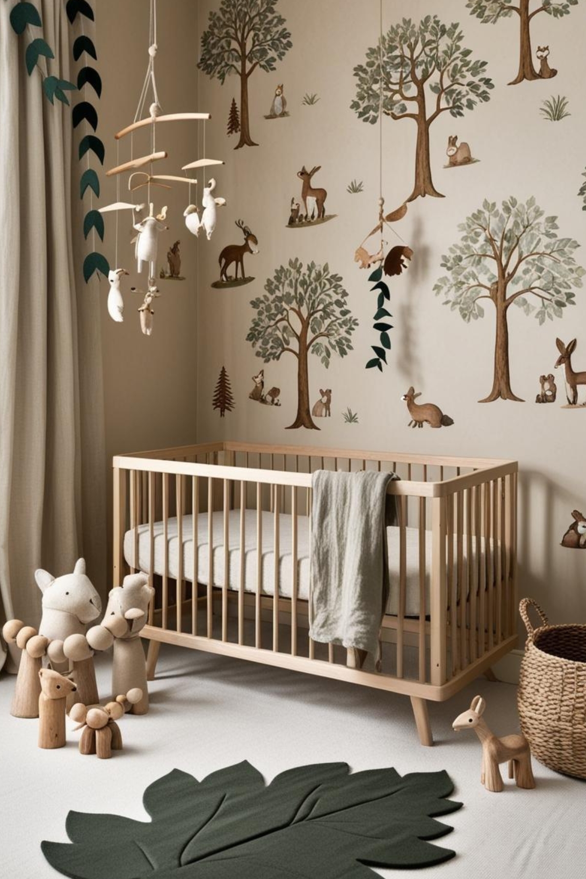 Murs beige, frises murales représentant des arbres et des animaux de la forêt, touches de vert foncé dans le linge de lit en lin lavé. Ajoutez des mobiles en bois, des guirlandes en feutrine représentant des feuilles et un tapis en forme de feuille. Choisissez des jouets en bois naturel et en feutrine représentant des animaux de la forêt.