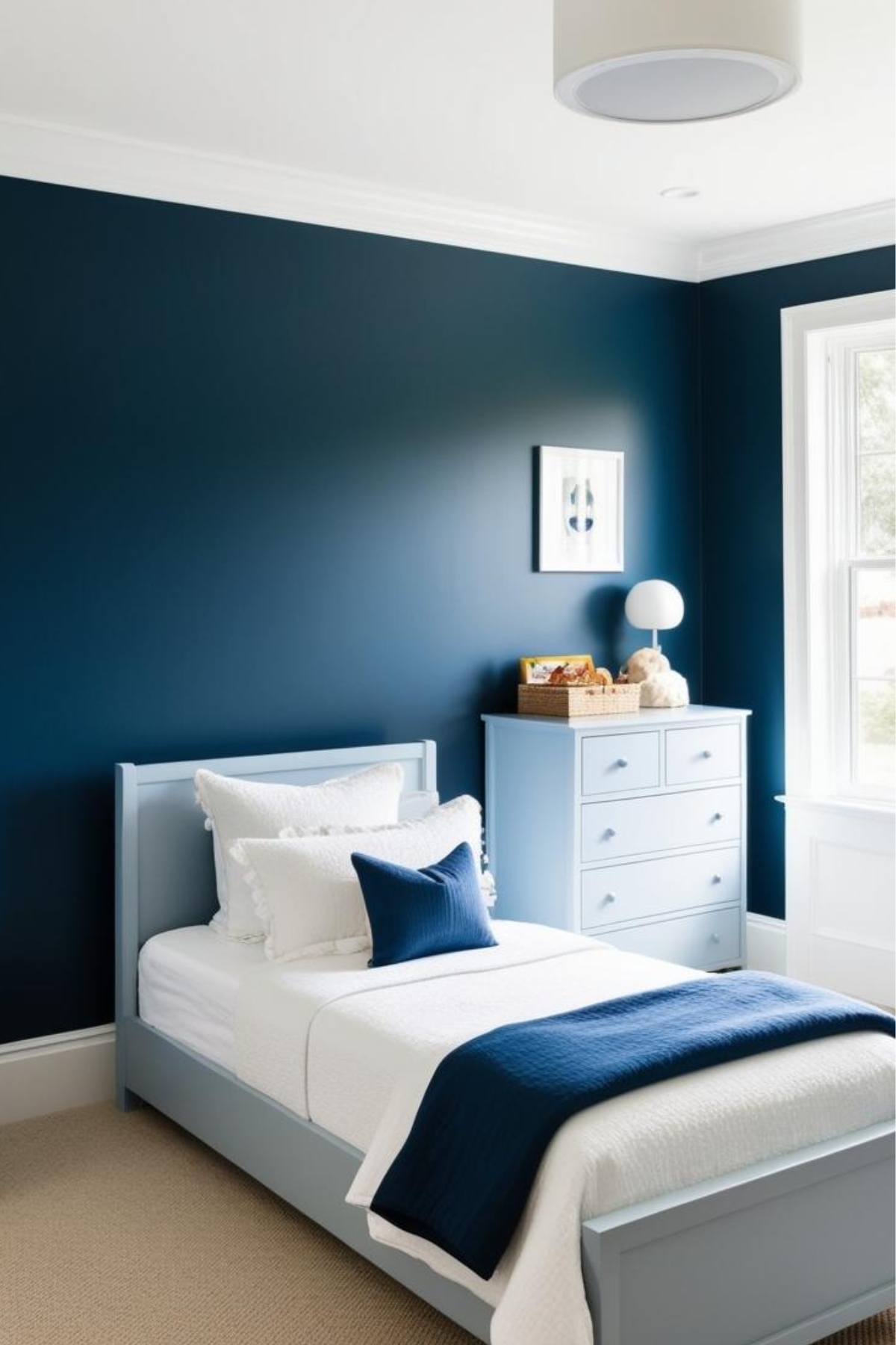 Un lit bleu clair, recouvert d'une couette blanche et d'un jeté bleu marine, repose dans une chambre aux murs bleu foncé. Une commode bleue claire est placée près d'une fenêtre. L'ambiance est calme et sereine.