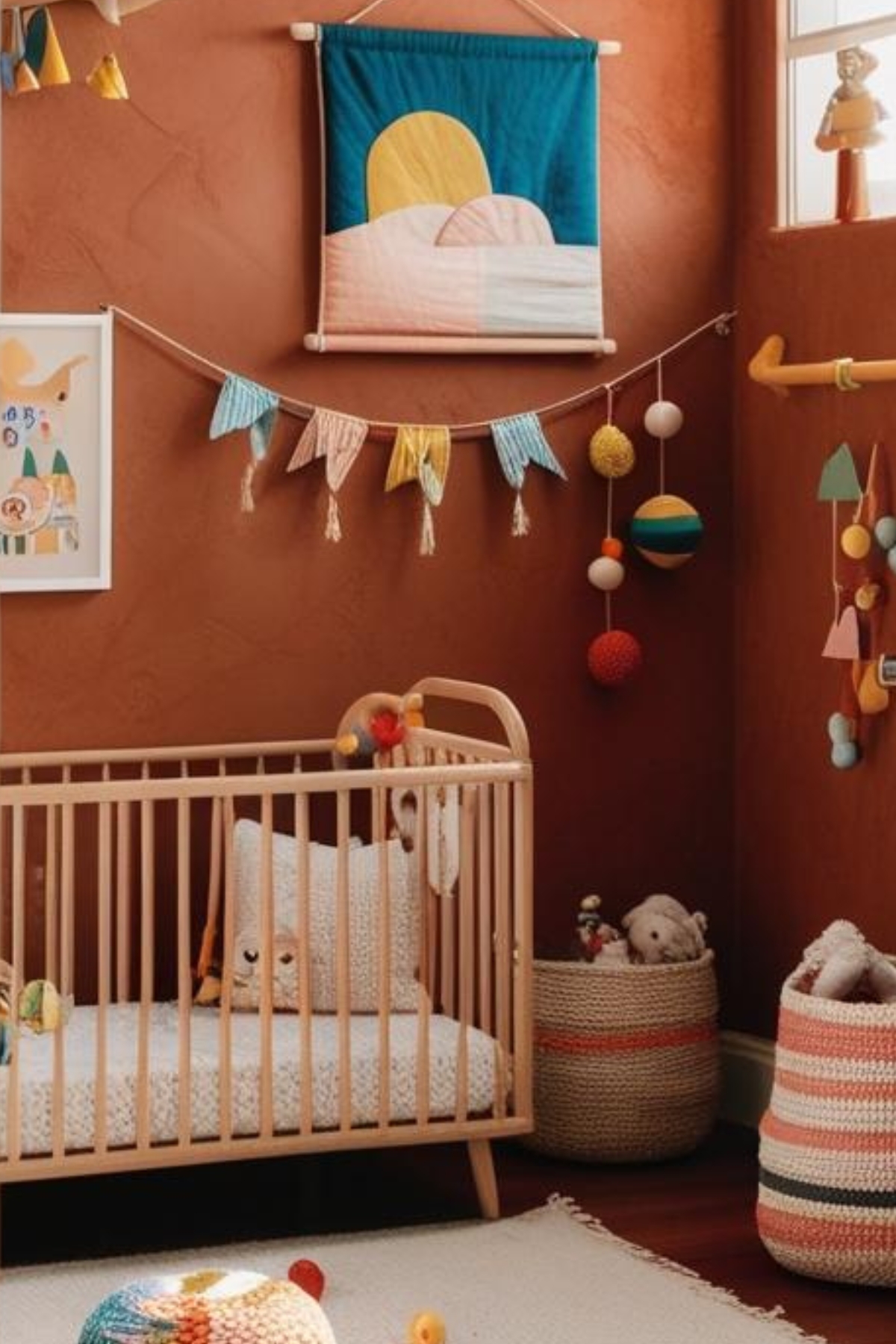 une chambre d'enfant avec une décoration terracotta et colorée. Le mur est peint dans une teinte rouille chaude et sert de toile de fond à un mélange d'éléments décoratifs.