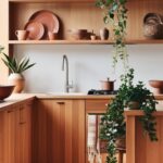 Cuisine bohème en bois clair. Des étagères contiennent de la vaisselle en terre cuite. Un évier et des placards complètent l'ensemble. Une plante grimpante pend des étagères supérieures. Un tapis en fibres naturelles est posé au sol.